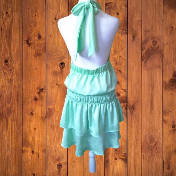 Glam Women's Small Light Green Tiered Open Back Halter Dress Satin Look - Picture 7 of 7